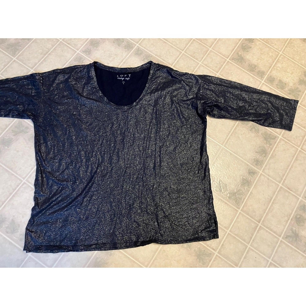 Ann Taylor LOFT Navy Blue Silver Metallic Long Sleeve Tee Sz Large Vintage Soft